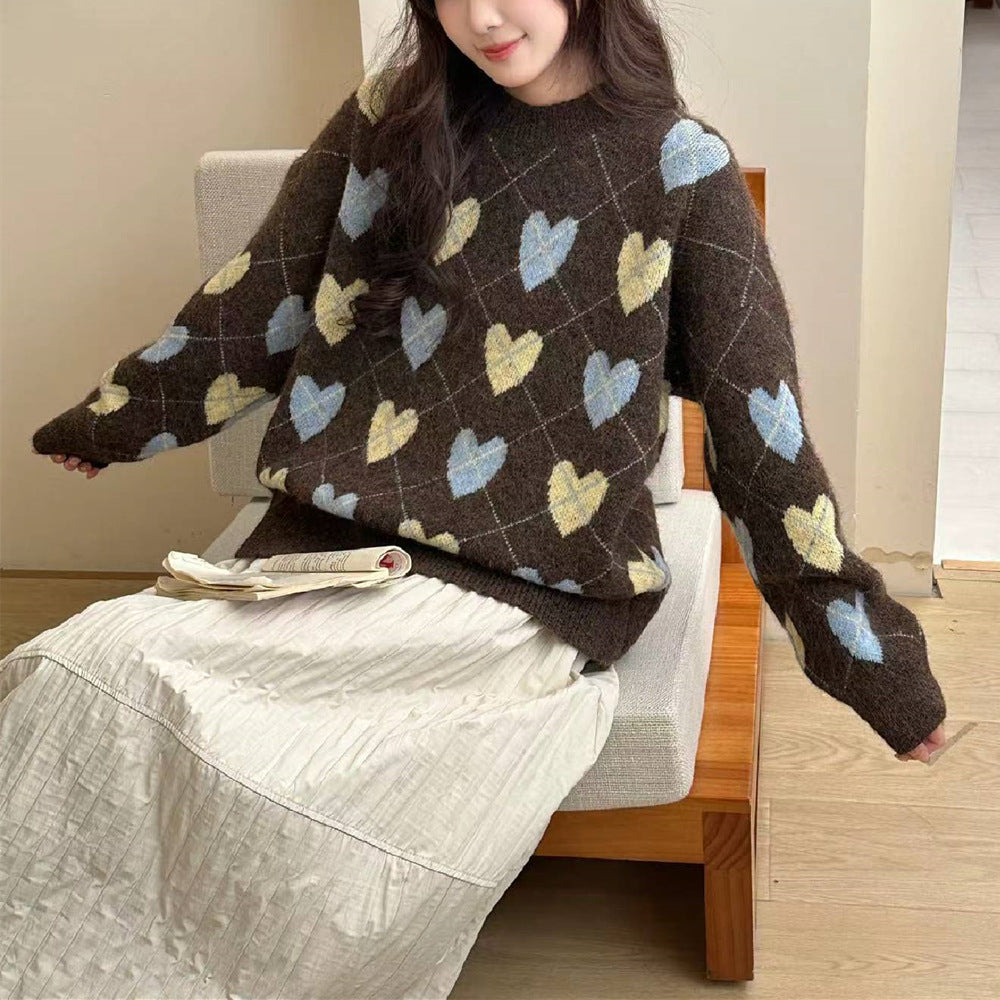 Love jacquard round neck sweater for women