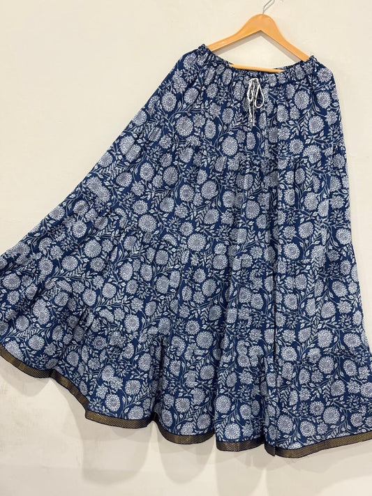 Blue Floral Tiered Cotton Maxi Skirt – Free Size