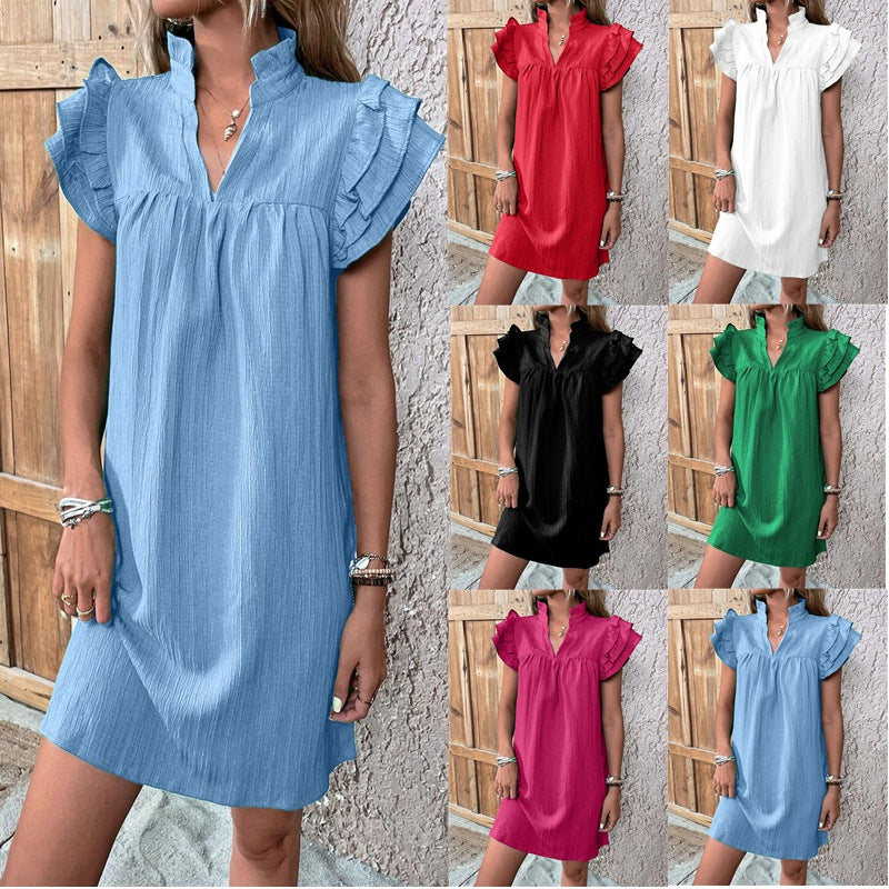 Multi-Layer Ruffle Sleeve V-Neck Dress
