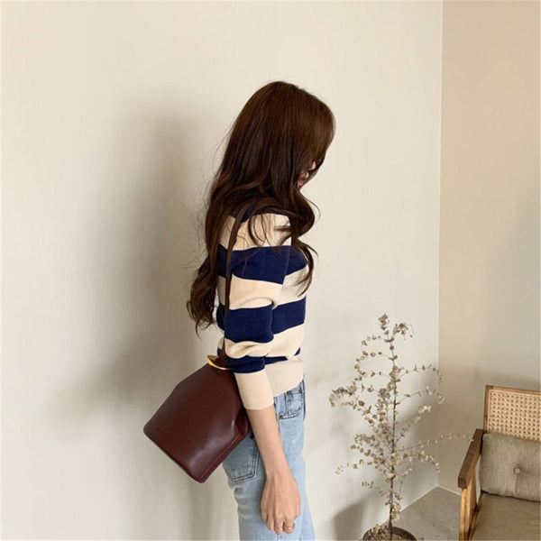 Retro Outer Wear Pullover Horizontal Striped Sweater Women - Stuffs & Savers