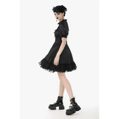 Robe Gothique Noire Dark in Love Belladonna à Manches Bouffantes et Col Montant Lacé