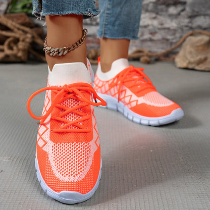 Women's Color block Plaid Fly knit Sneakers – Breathable Lace-Up Mesh Running & Walking Shoes