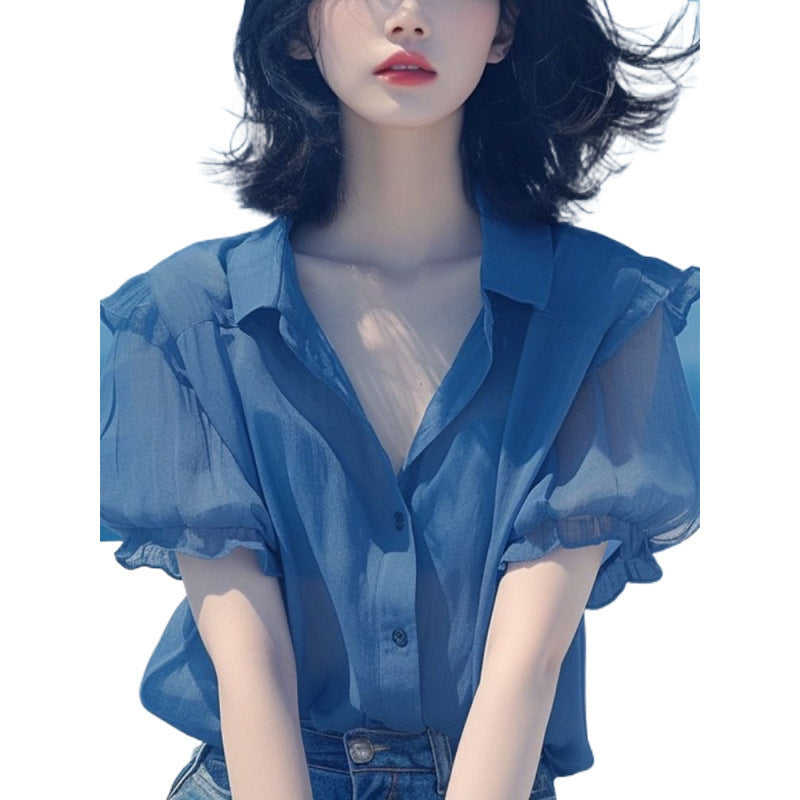 Blue Puff Sleeve Chiffon Small Shirt