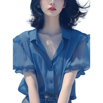 Blue Puff Sleeve Chiffon Small Shirt