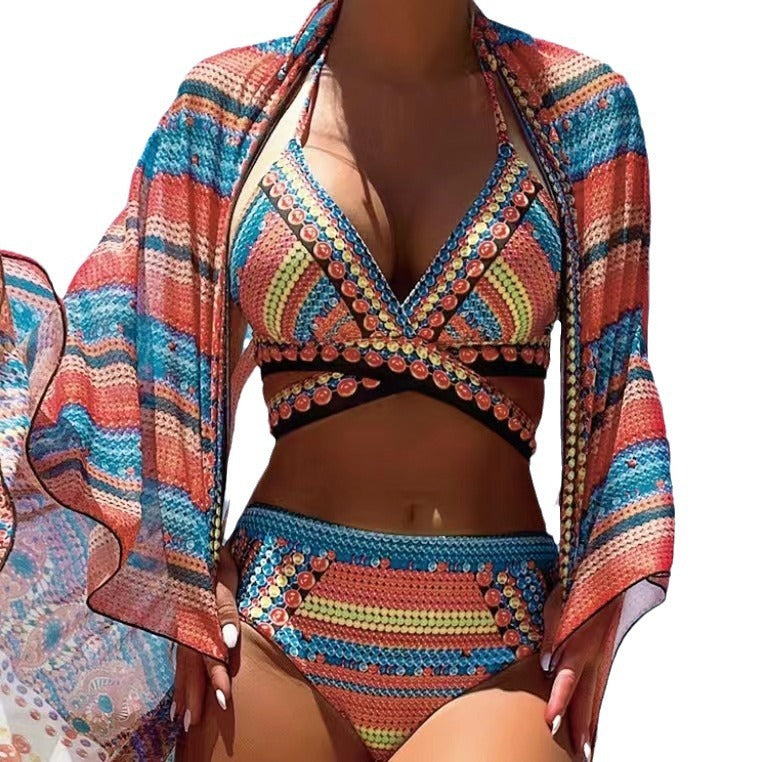Maillot de bain rétro style ethnique pour femme à bretelles croisées et fendues