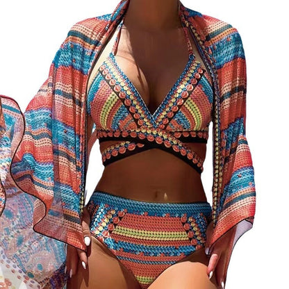 Maillot de bain rétro style ethnique pour femme à bretelles croisées et fendues
