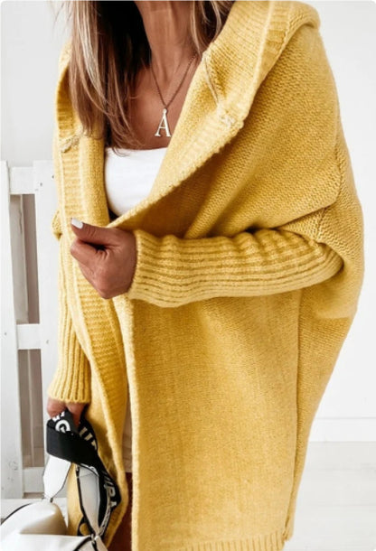 Women's Hooded Cardigan - Loose Knit Batwing Sleeve Sweater