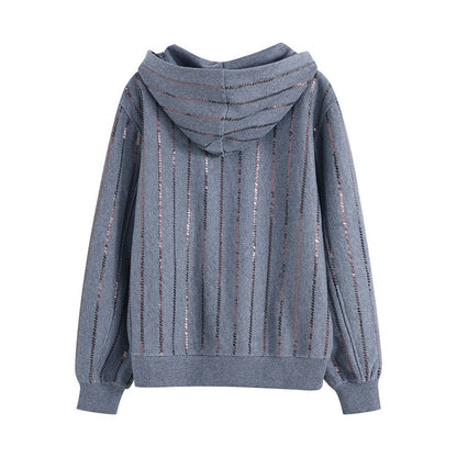 Sequined Vertical Stripe Hooded Sweatshirt for Women