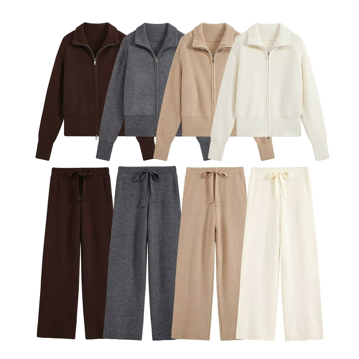 Zipper large collar knitted sweater+pants set for women