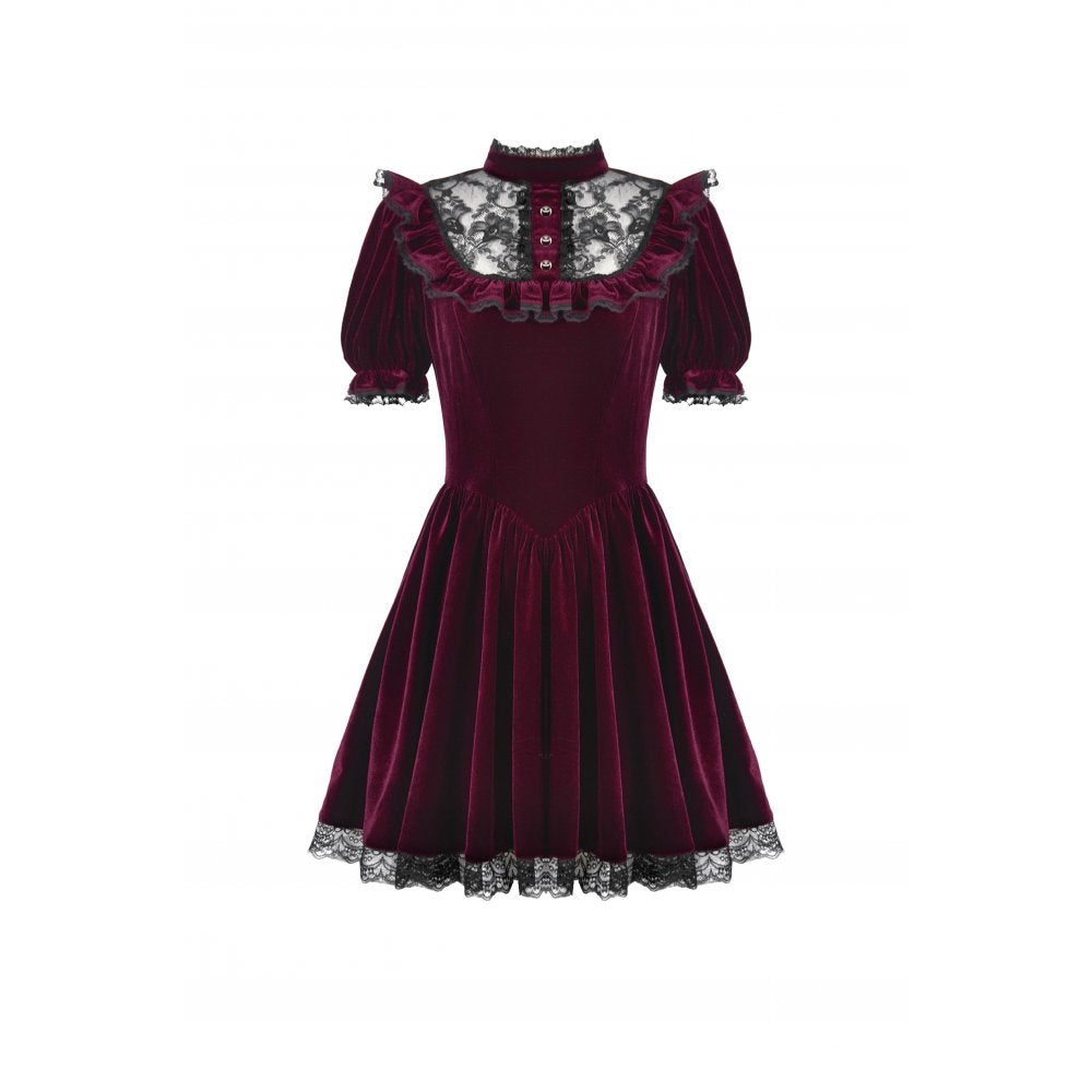 Robe Gothique en Velours Bordeaux à Col en Dentelle Ophelia Dark in Love
