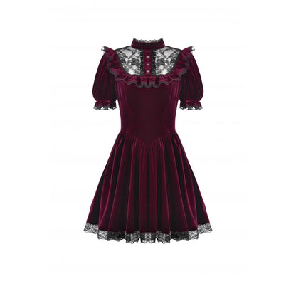 Robe Gothique en Velours Bordeaux à Col en Dentelle Ophelia Dark in Love