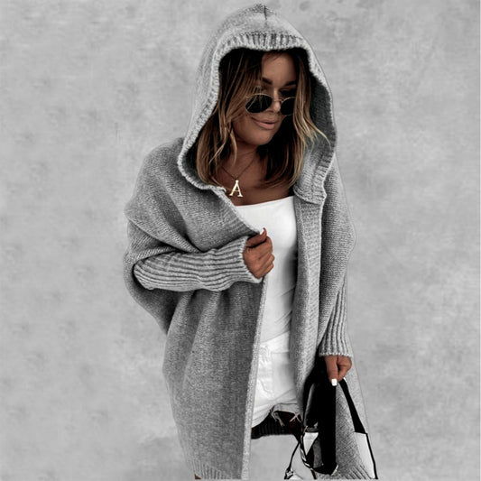 Women's Hooded Cardigan - Loose Knit Batwing Sleeve Sweater