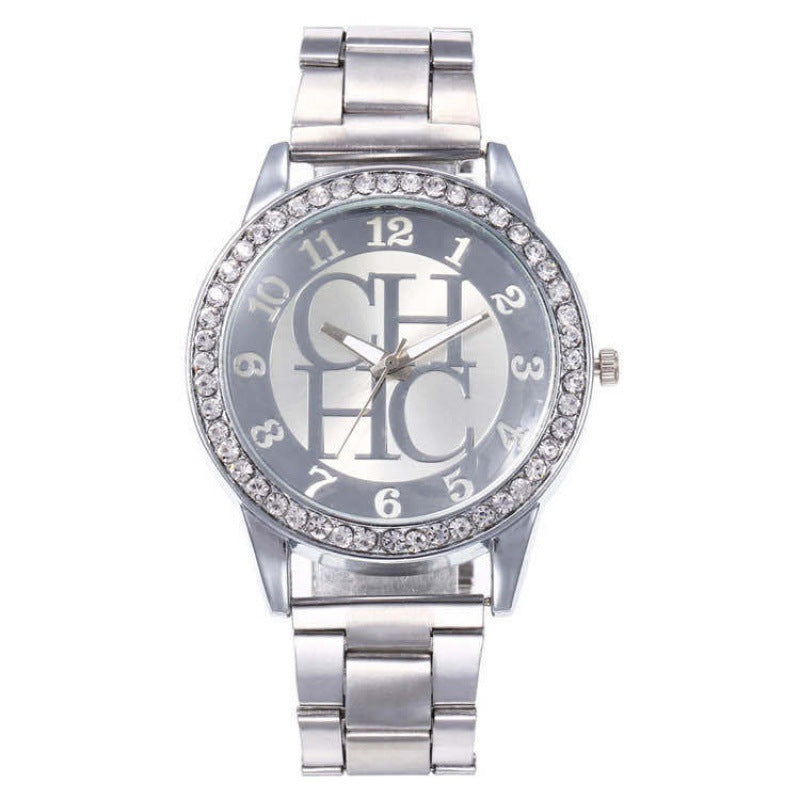 Alloy Diamond-Embedded Men's Wristwatch Fashion Trend Steel Strap Gift Student Watch