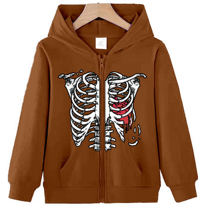 Ribbed Heart Print Zip-Up Casual Loose hoodies