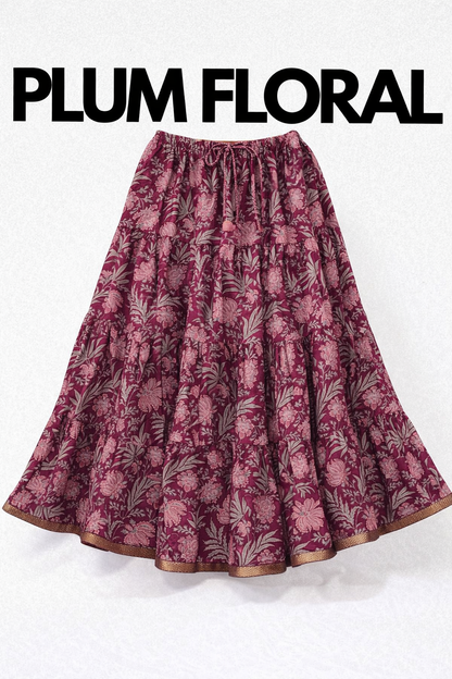 Blackfever Plum Floral Tiered Maxi Skirt with Gold Zari Border