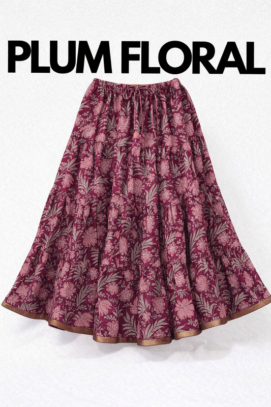 Blackfever Plum Floral Tiered Maxi Skirt with Gold Zari Border