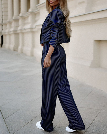 Striped Lapel Cropped Top Pants