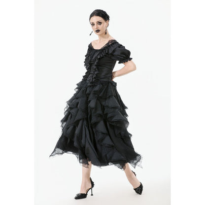 Dark in Love Morrigan Ruffled Goth Midi Skirt in Black