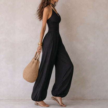 Sleeveless hanging neck backless high waisted jumpsuit