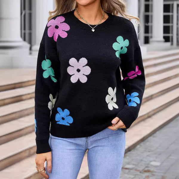 Women's Sweater Flowers Color-block Crew Neck - Stuffs & Savers