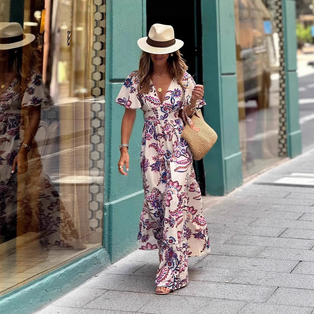 Printing Ruffled Short Sleeves Dress