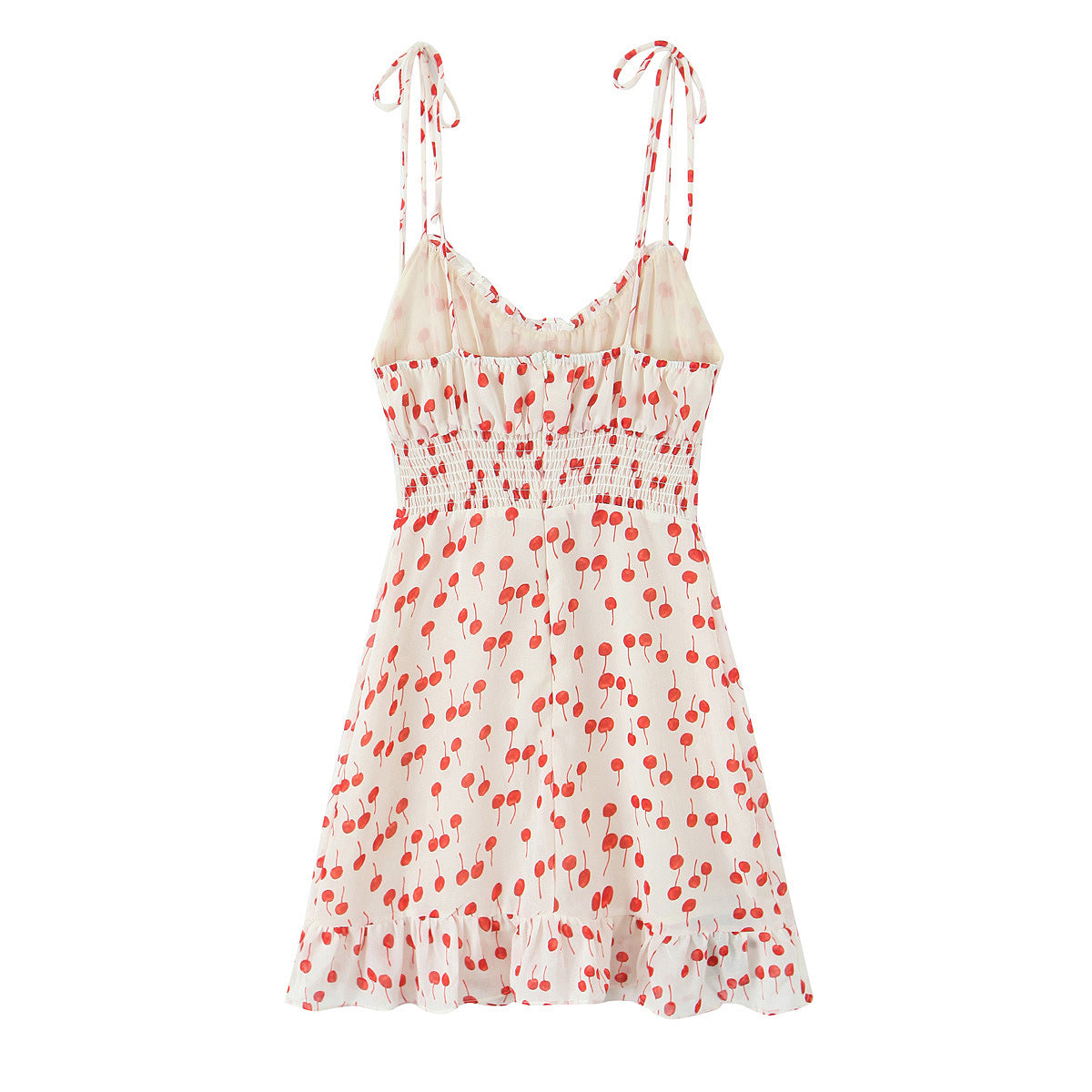 Print Lace-up V-neck Strapless Dress with Ruffled Hem and Slim Fit