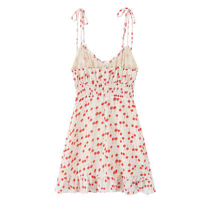 Print Lace-up V-neck Strapless Dress with Ruffled Hem and Slim Fit