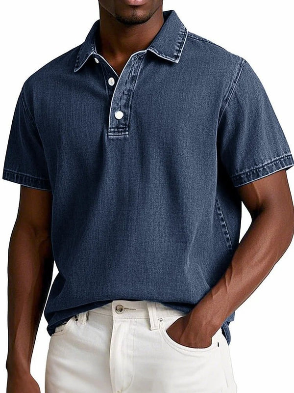 Men's Solid Colour Vintage Lapel Polo Shirt - Short Sleeve