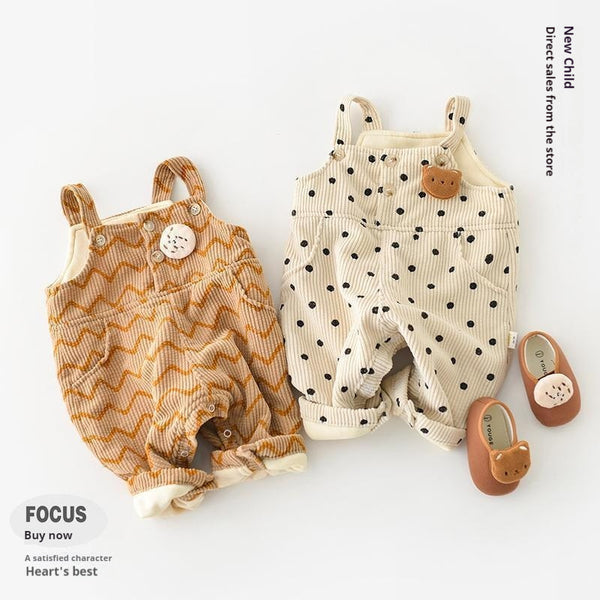 Dots And Stripes Corduroy Fleece-lined Bib Pants