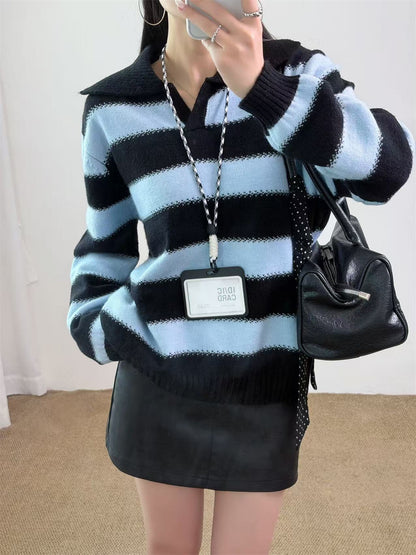 Loose collar contrasting striped pullover sweater for women