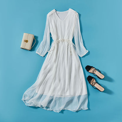Elegant V-Neck OL Style Silk Long Dress, Solid Color Minimalist Pure Silk Dress, Long Sleeve