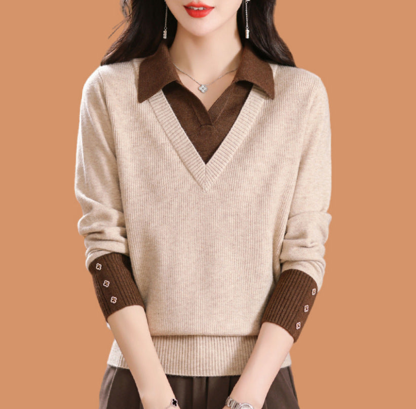 Fake two woolen sweaters women's color blocked base sweater