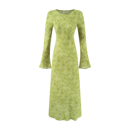 Print Round Neck Flare Sleeve Fitted Dress