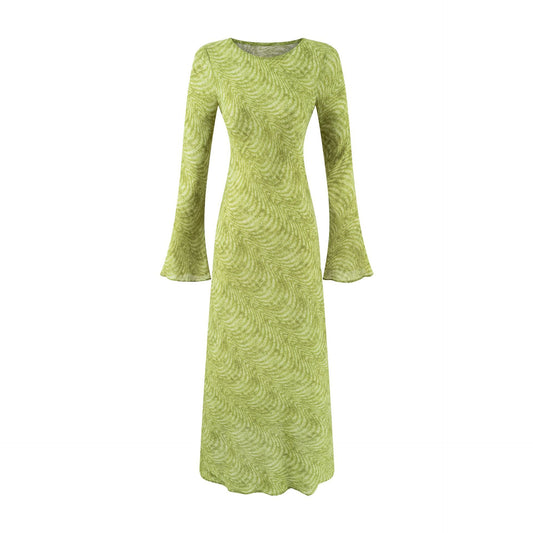 Print Round Neck Flare Sleeve Fitted Dress