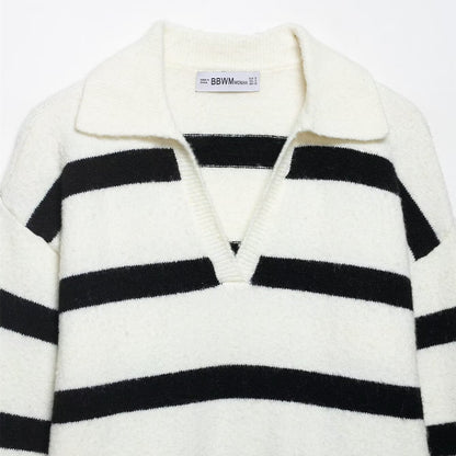 Lazy style soft and sticky striped contrasting pullover sweater