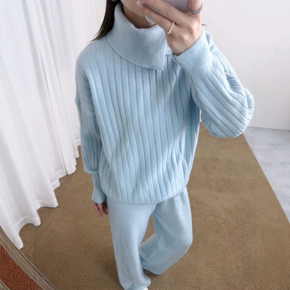 Collar sweater solid color straight leg pants two-piece set