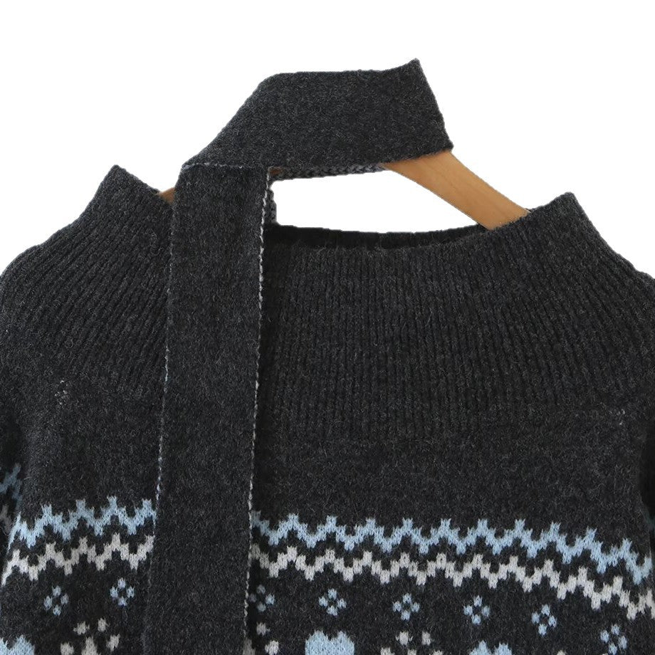 Vintage Casual Fair Isle Jacquard Long Sleeve Off Shoulder Knit Sweater