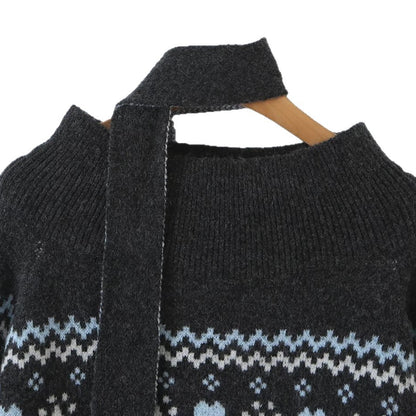 Vintage Casual Fair Isle Jacquard Long Sleeve Off Shoulder Knit Sweater