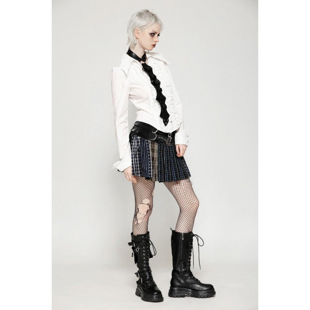 Mini-jupe plissée Dark in Love en patchwork tartan sauge et taille en cuir