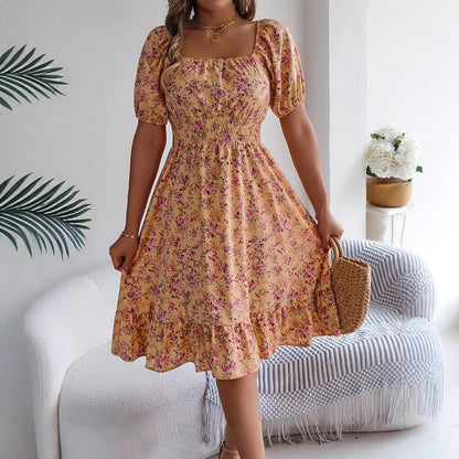 Robe à Imprimé Floral Col Carré Robes d'Été à Volants Mode Vêtements Féminins