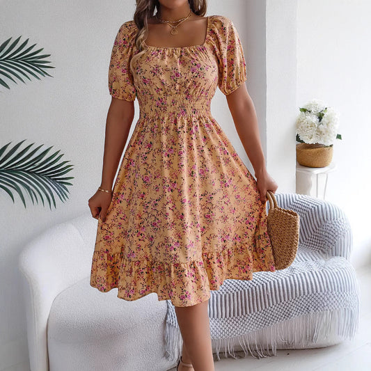 Robe à Imprimé Floral Col Carré Robes d'Été à Volants Mode Vêtements Féminins