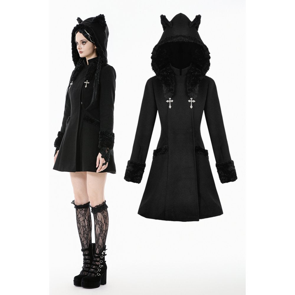 Manteau gothique Dark in Love avec oreilles de chat en fausse fourrure