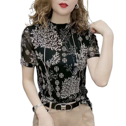 Womens Double Layer Mesh Floral Print T-shirt Stretch