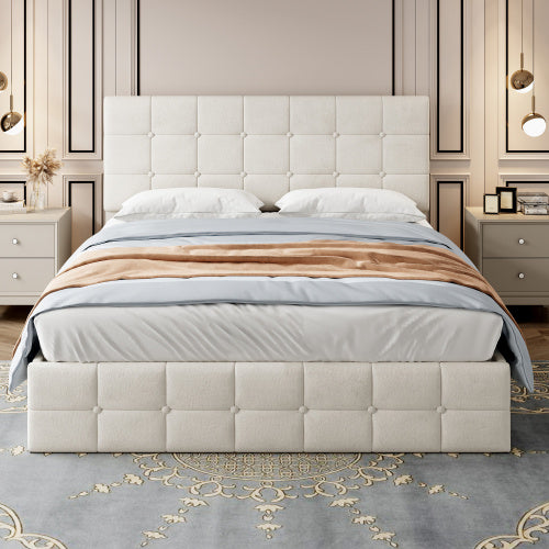 4ft6 Double Upholstered Storage Bed Frame, Velvet Ottoman Bed With Hydraulic Storage, Double Bed With Adjustable Button Tufted Headboard, Metal-Wood Support, No Mattress, Beige