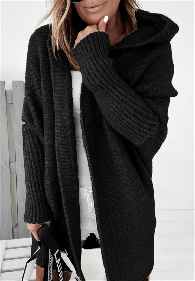 Women's Hooded Cardigan - Loose Knit Batwing Sleeve Sweater
