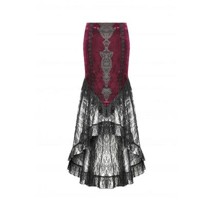 Dark in Love Crimson Queen Lace High-Low Goth Skirt in Burgundy & Black