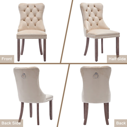 Modern Set Of 2 Upholstered Velvet Dining Chairs, Button Tufted Kitchen Lounge Chairs With Brushed Wood Legs, Riveted Trim And Knocker Ring, For Dining Room Living Room