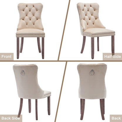 Modern Set Of 2 Upholstered Velvet Dining Chairs, Button Tufted Kitchen Lounge Chairs With Brushed Wood Legs, Riveted Trim And Knocker Ring, For Dining Room Living Room