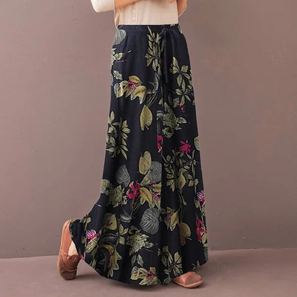 Women's Floral Wide Leg Trousers - Elastic Waist Casual Pants