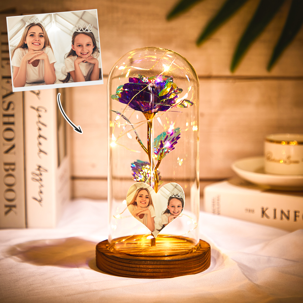 Lampe de nuit LED personnalisée en forme de cœur, fleur de rose éternelle colorée de simulation, roses éternelles sous cloche en verre